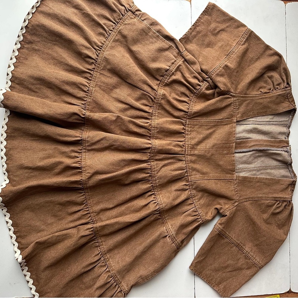 West Fade Brown Denim Tiered Mini Dress Ric Rac Trim Coastal Cowgirl Western S
